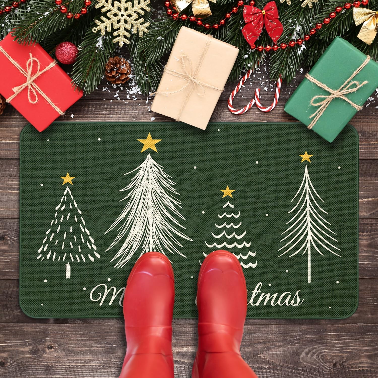 Christmas Door Mat 17x29 Inch Winter Doormat Decorative Outdoor Green Christmas Terr Decoration Indoor Outdoor Entrance Floor mat, Non Slip Welcome Party Decor