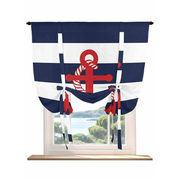Navy Blue Stripe Nautical Tie Up Curtains for Windows 63 Inch Length Balloon Curtains Kitchen Adjustable Balloon Window Shade Red Anchor Summer Coastal Tie Up Valance Bathroom Curtain Window 42"x63"