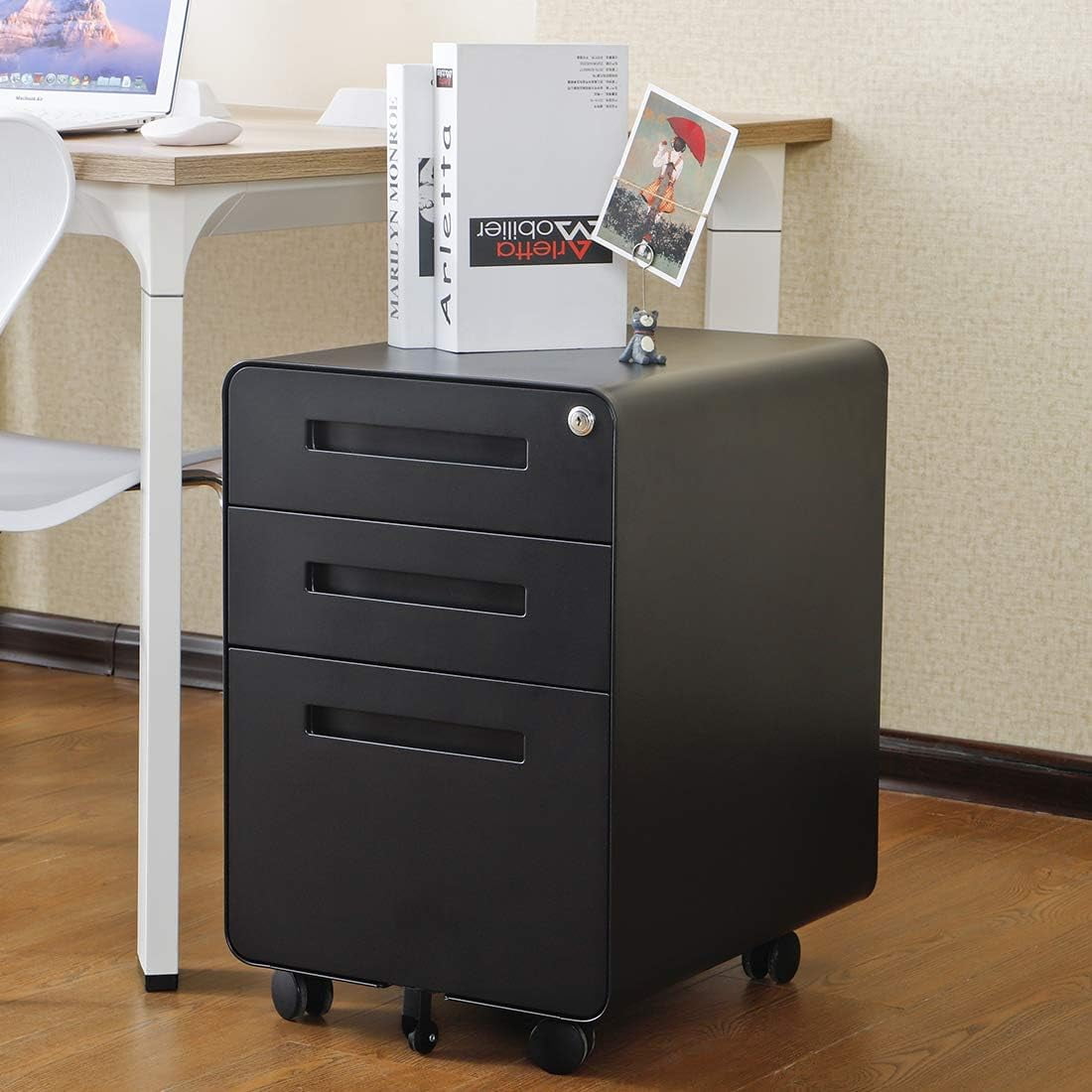 3-Drawer Mobile File Cabinet with Lock, Under-Desk Steel Rolling Cabinet for A4, Letter & Legal Files, 5-Wheel Anti-Tilt, Fully Assembled, Home Office, Black
