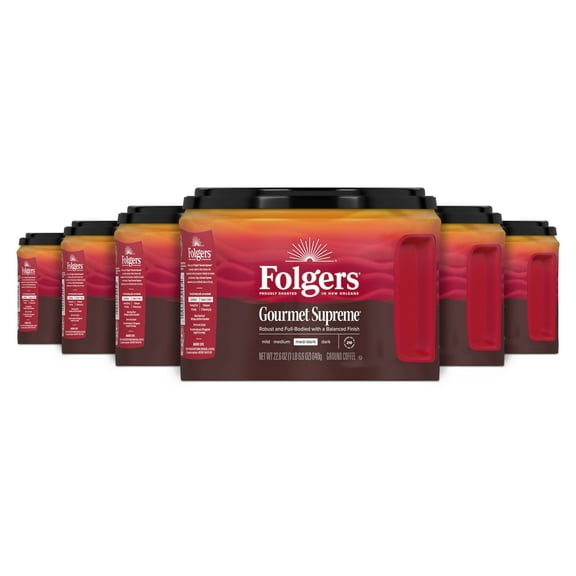 (6 pack) Folgers Gourmet Supreme Ground Coffee, Medium Dark Roast, 22.6 oz Canister