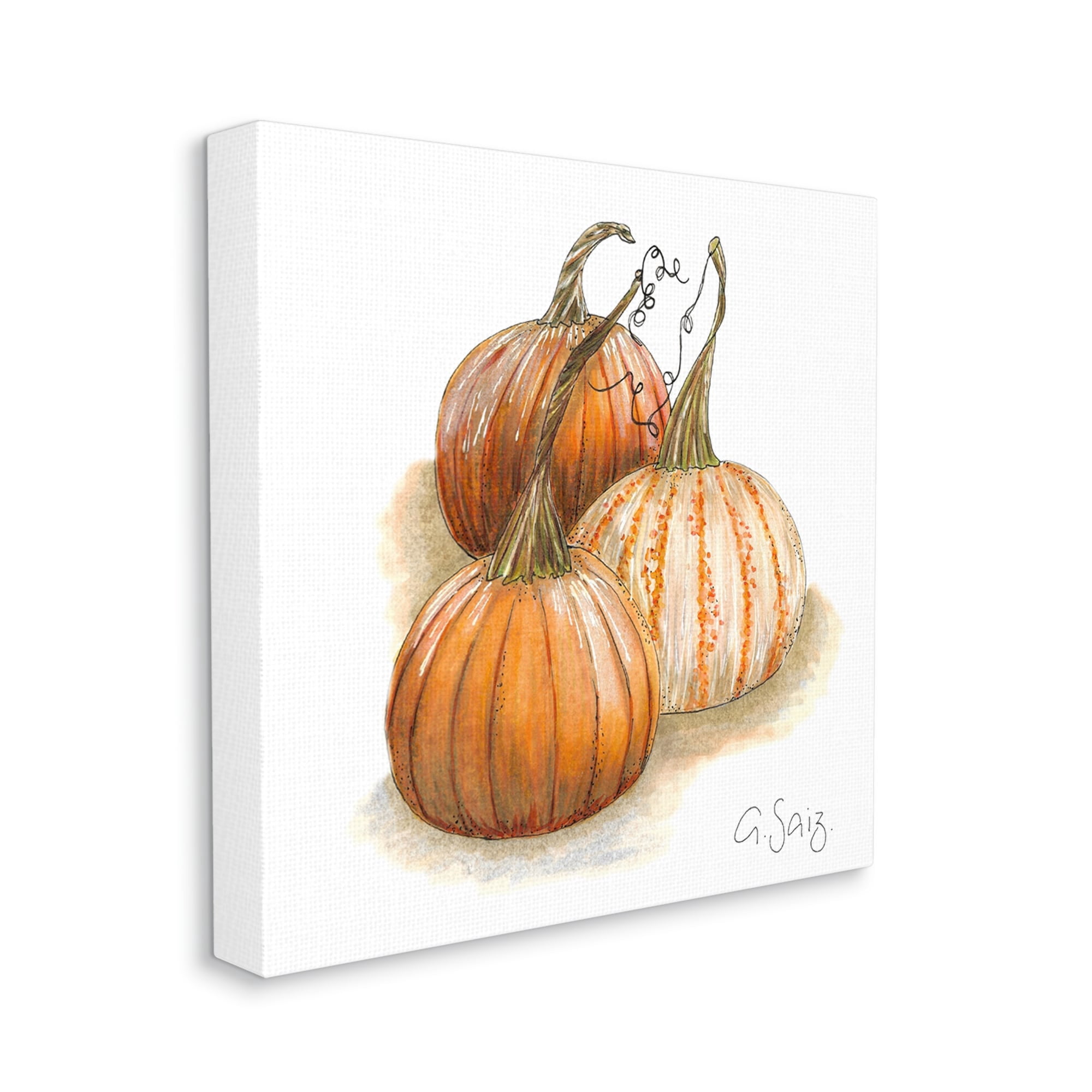Detailed Autumn Pumpkins Gourds Still Life Illustration Botanical & Floral Painting Gallery-Wrapped Canvas Print Wall Art