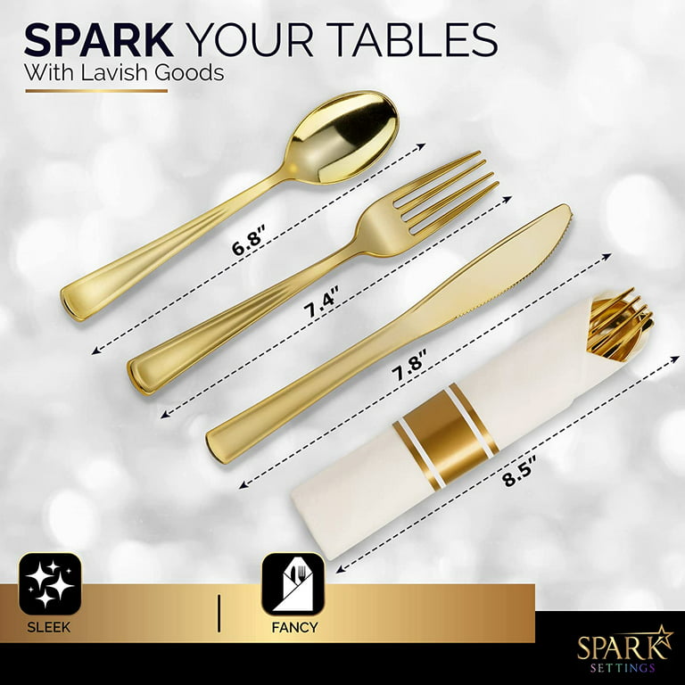 Visions Heavy Weight Elegant Gold Cutlery Set with White Linen-Feel Pocket  Fold Dinner Napkin - 50/