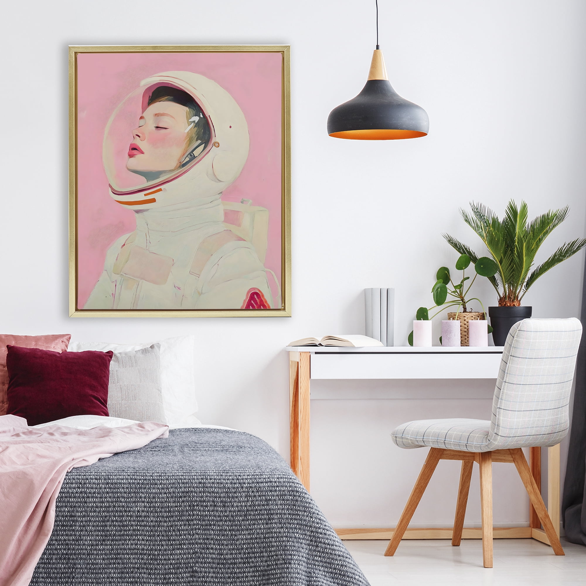 Stupell Industries Pink Astronaut Girl Gold Framed Floater Canvas Wall Art, design by The Prints Vibe