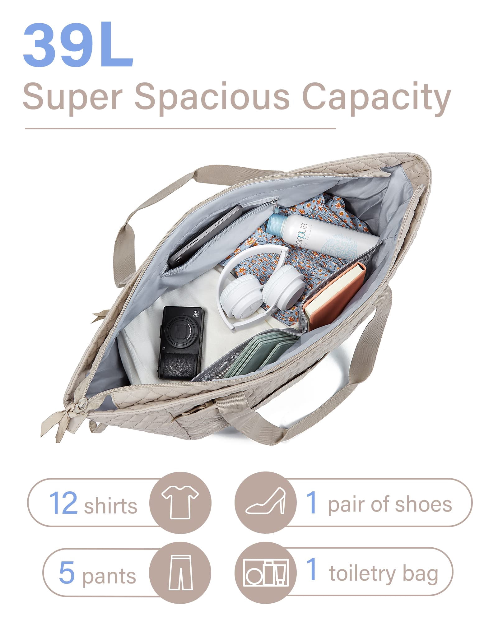 BAGSMART Weekender Overnight Bag, 39L Large Travel Duffle Tote Bag, Fashion Carry On Gym Bag Water-Resistant Shoulder Handbags with Shoe Compartment, Tranquil Gray