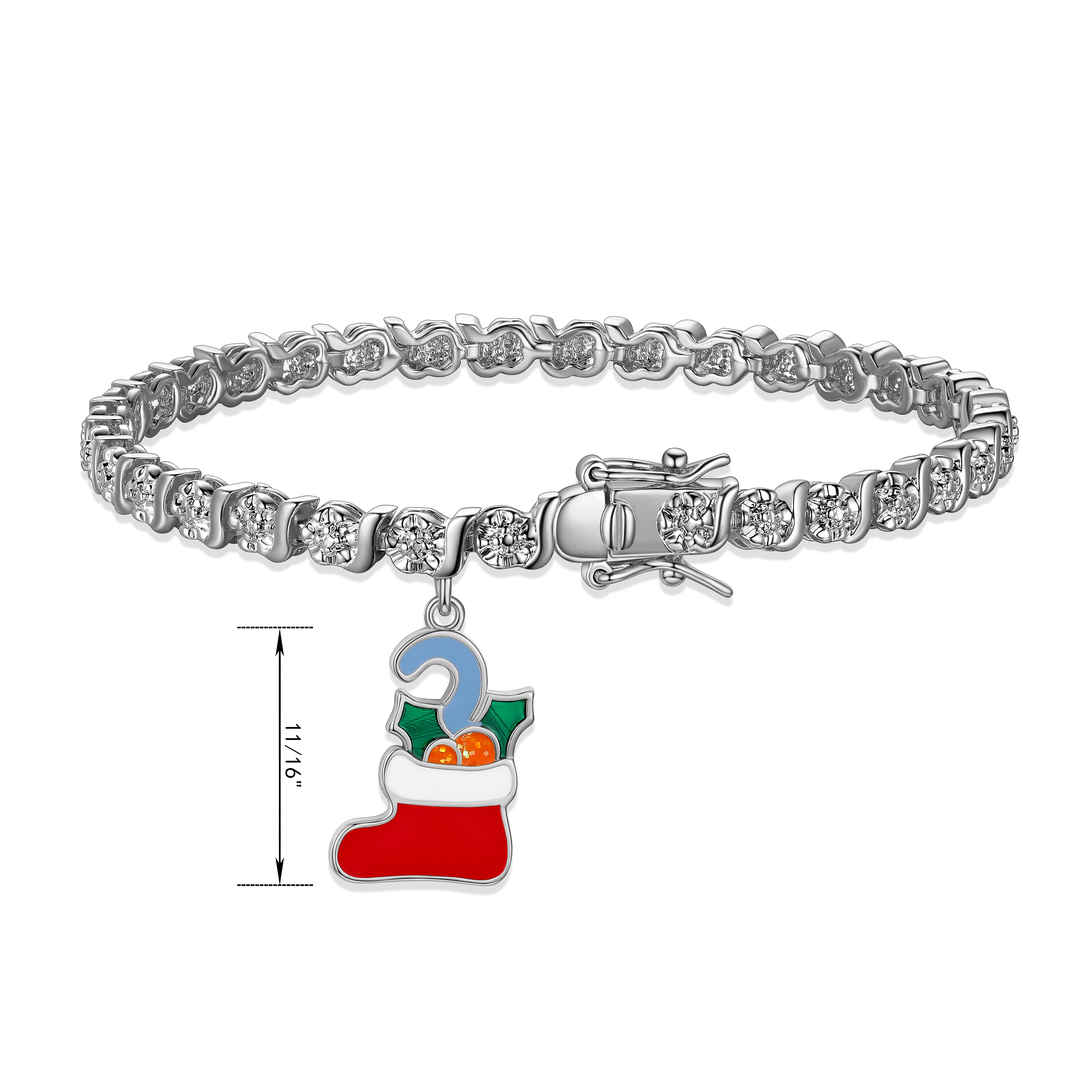 Fine Silver Plated Diamond Accent "S" Link Tennis Bracelet With Enamel Holiday Christmas Stocking Charm 7.25"