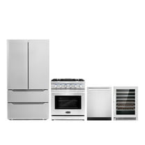 Cosmo 4 Piece Kitchen Appliance Packages with 30" Freestanding Gas Range 24" Built-in Dishwasher French Door Refrigerator & 48 Bottle Freestanding Wine Refrigerator Kitchen Appliance Bundles