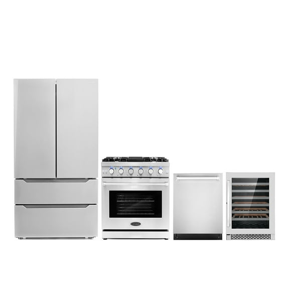 Cosmo 4 Piece Kitchen Appliance Packages with 30" Freestanding Gas Range 24" Built-in Dishwasher French Door Refrigerator & 48 Bottle Freestanding Wine Refrigerator Kitchen Appliance Bundles