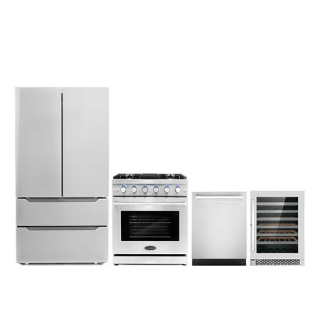 Cosmo 4 Piece Kitchen Appliance Packages with 30  Freestanding Gas Range 24  Built-in Dishwasher French Door Refrigerator & 48 Bottle Freestanding Wine Refrigerator Kitchen Appliance Bundles