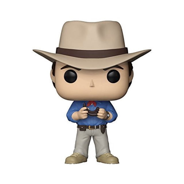 higo funko alan grant parque jurásico 3 3/4 pulgadas figura Funko Pop frontal con sombrero beige ancho y banda marrón, camisa azul y pañuelo rojo, pantalón gris claro, zapatos beige y cinturón con funda; figura multicolor de 3 3/4 pulgadas en caja expositora, adecuada para colección.