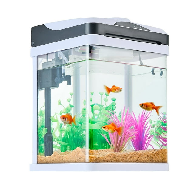 KFFKFF Fish Tank Aquarium, 2 Gallon LED Square Ultra-Clear Glass Tank Temperature Monitoring Adjustable 7 Color Lighting, Self Cleaning System Fishbowl