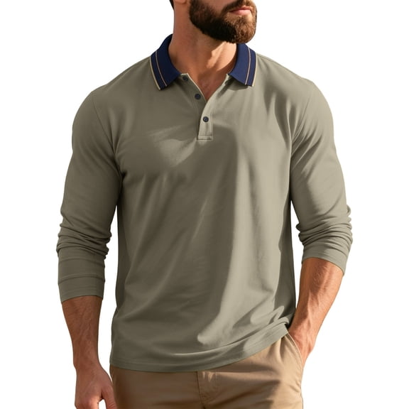Mens Polo Shirts Business Casual Loose Fit Lapel Long Sleeve Shirt Top