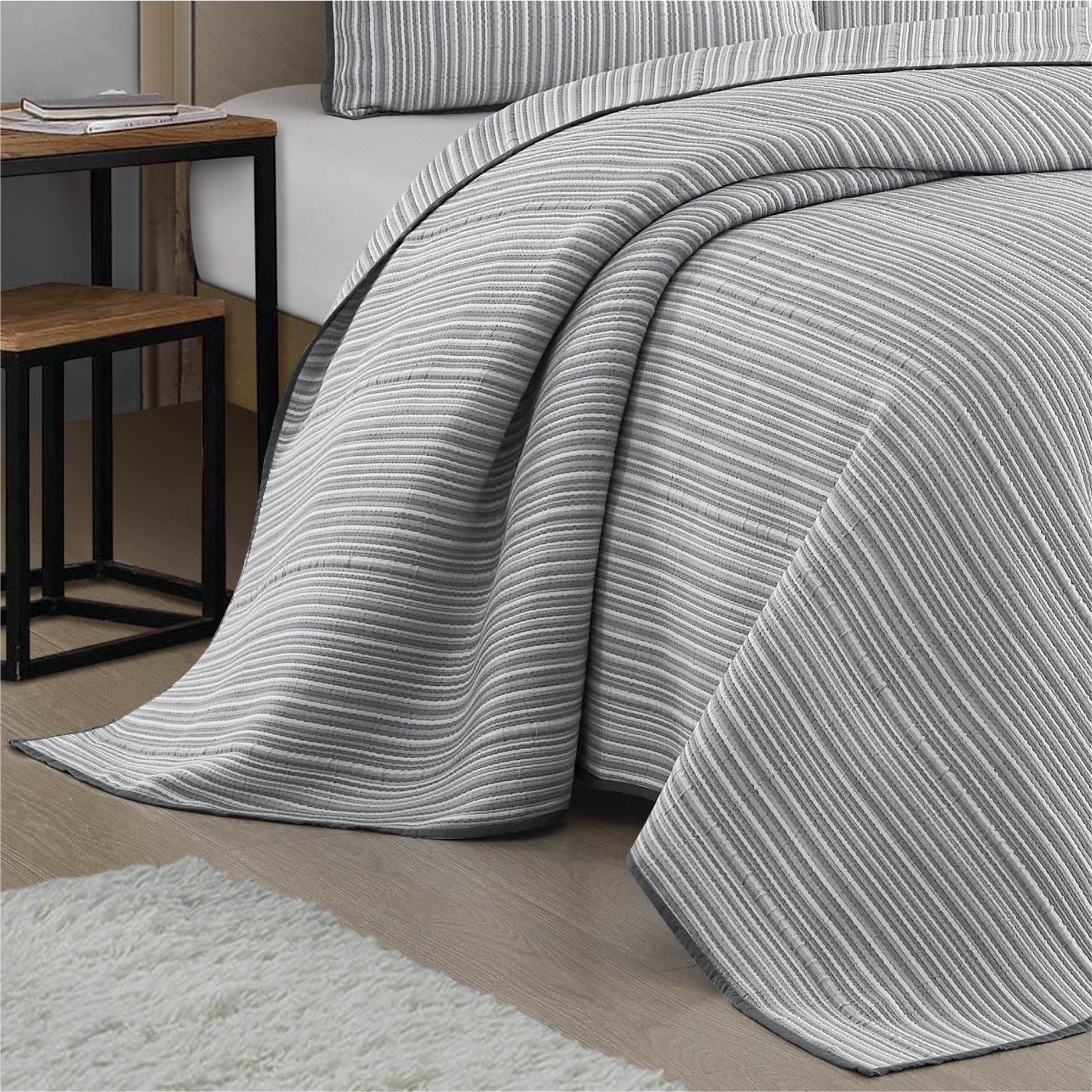Mainstays Essentials Grey Stripe Quilt, Grey Coverlet, Lightweight & Reversible Bedding