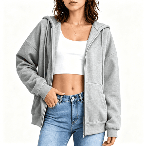CBASIHI Womens Oversized Sweatshirts with Pockets- Drop Shoulder Long Sleeve Fall Casual Trendy Drawstring Zip Up Hoodies Gray Size S-2XL