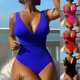 thumbnail image 3 of Traje de baño de una pieza con tiras verticales de palillo de dientes, traje de baño sexy ajustado a la cintura, 3 of 5