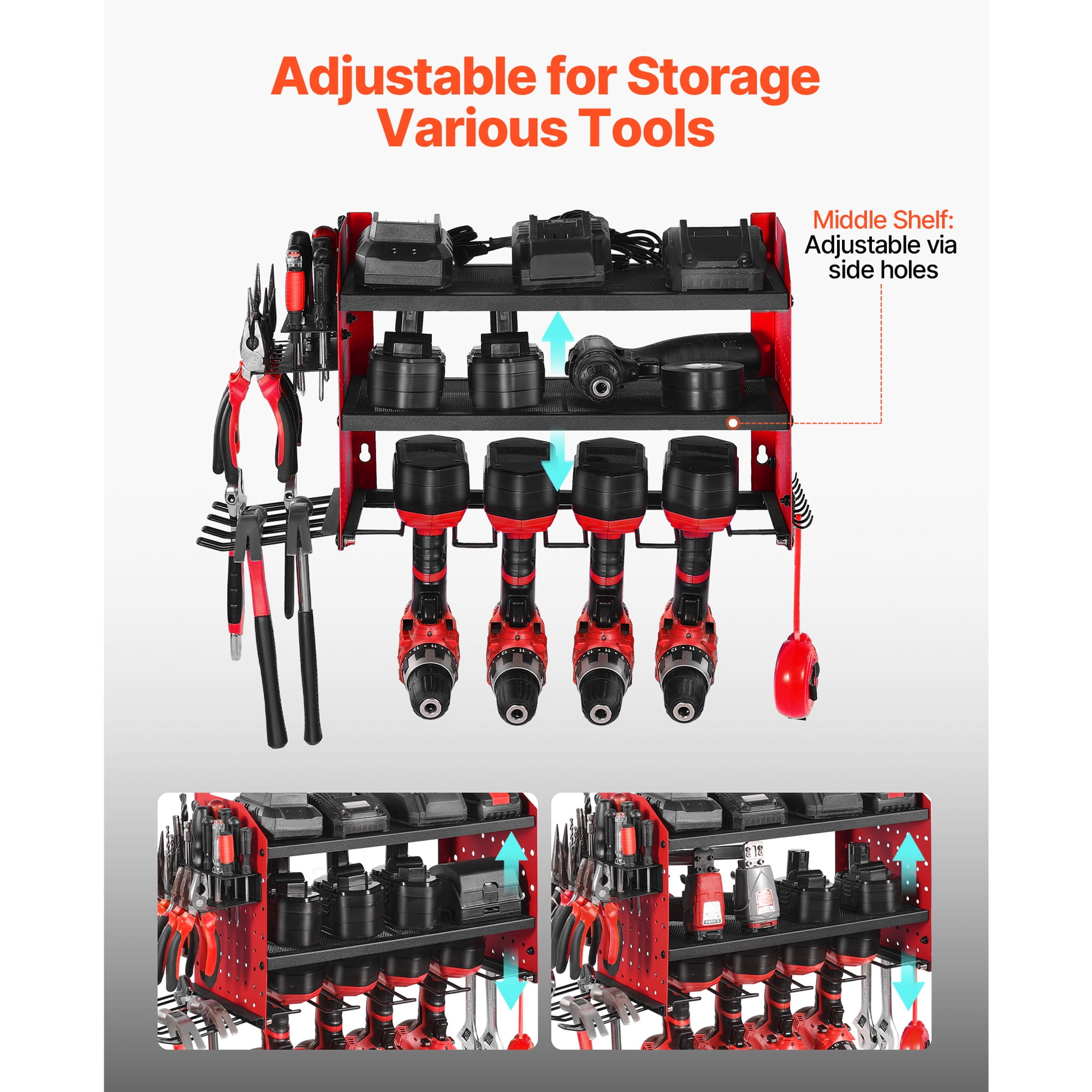 KFFKFF Wall-Mounted Power Tool Organizer, 3-Tier Storage Rack with 4 Drill Slots, Tool Holder and Storage Shelf with Side Pegboards, Ideal for Garage, Workbench, and Workshop