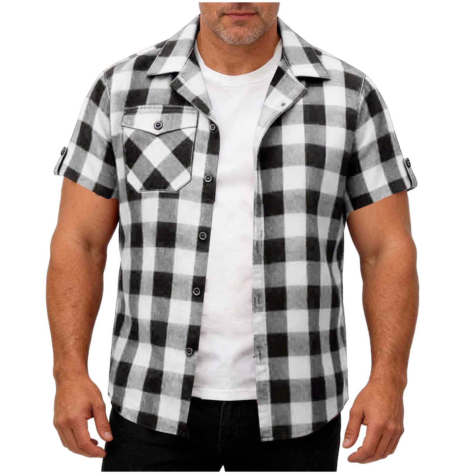 Miqool Men's Buffalo Plaid Short Sleeve Button Down Shirt, Casual Hawaiian Checkered Shirt with Chest Pocket