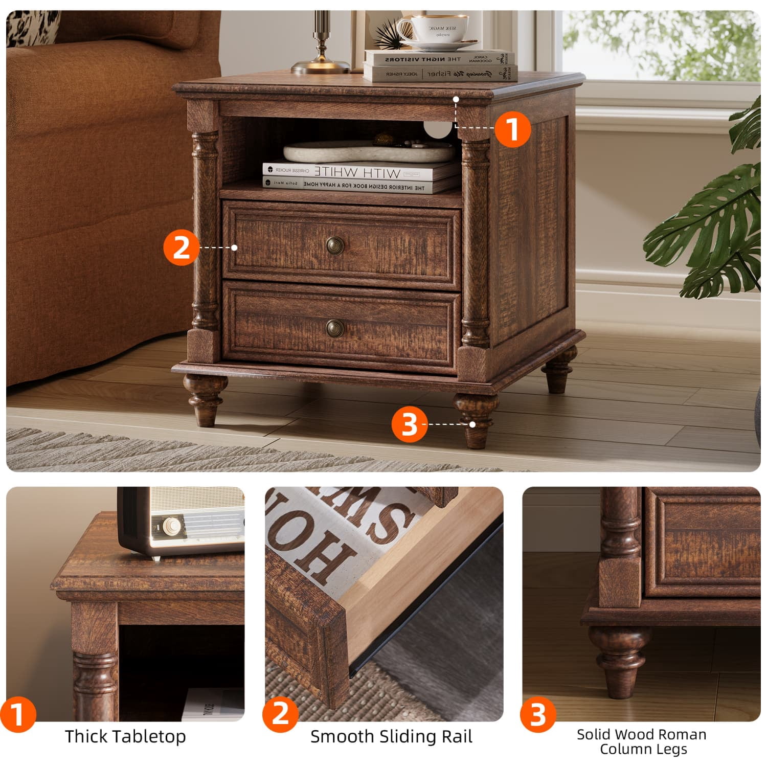 OKD Farmhouse Nightstand, 3 Drawer Wood Side Table with Charging Station for Bedroom, Living Room, Reclaimed Barnwood