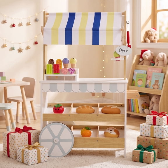 ELLEGNT Kids Wooden Pretend Play Ice Cream Cart – 2-in-1 Grocery Store Playset with Display Shelves, White