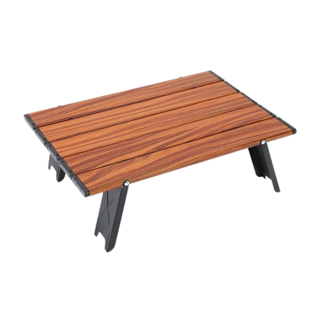 Mesa plegable portátil de aluminio para acampada, mochila, picnic y actividades al aire libre. Diseño compacto y plegable.