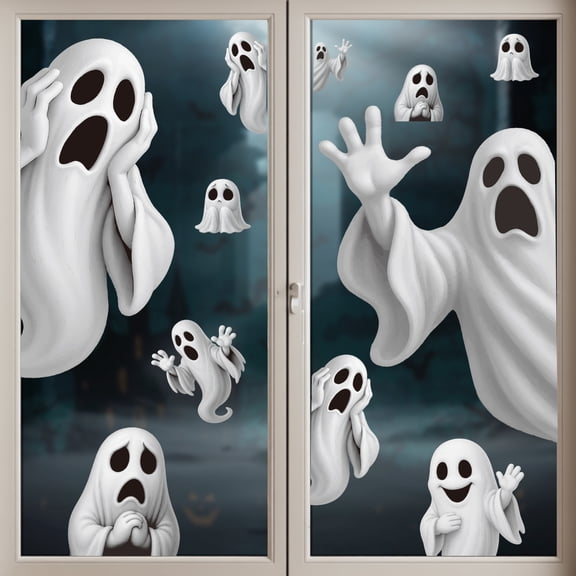 2 Pack Halloween Ghost Decorations, 3D Style Ghost Halloween Decor, Removable Halloween Window Clings for Glass Windows, Spooky Halloween Decor for Home, Halloween Party Decor for