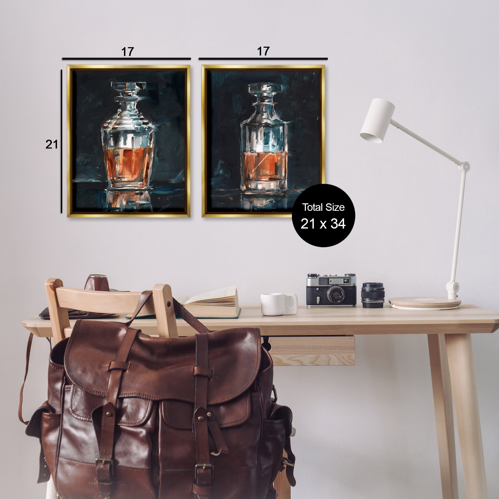Stupell Industries Abstract Whiskey Decanters Food & Beverage Painting Gold Floater Framed Canvas Art Print Wall Art, 17 x 21, Set of 2