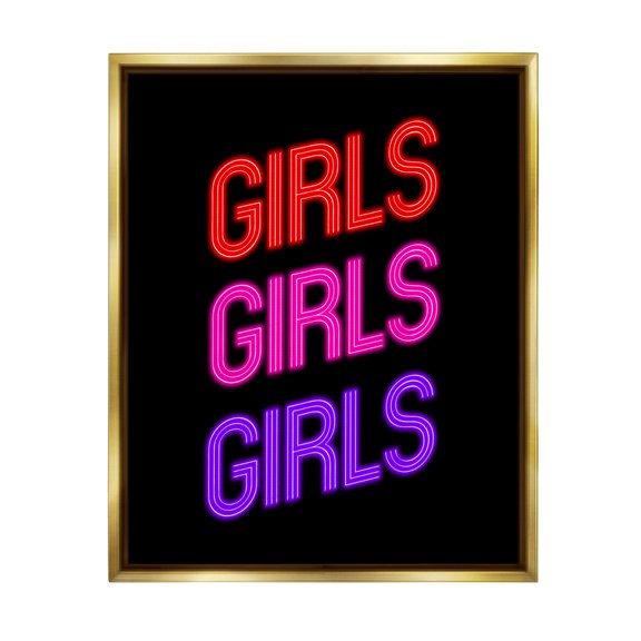 Stupell Industries Vivid Neon Girls Sign Inspirational Painting Gold Floater Framed Canvas Art Print Wall Art, 17 x 21