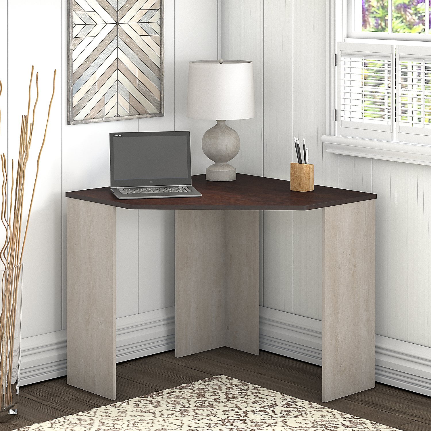 Bush Furniture Townhill Corner Desk In Washed Gray And Madison Cherry