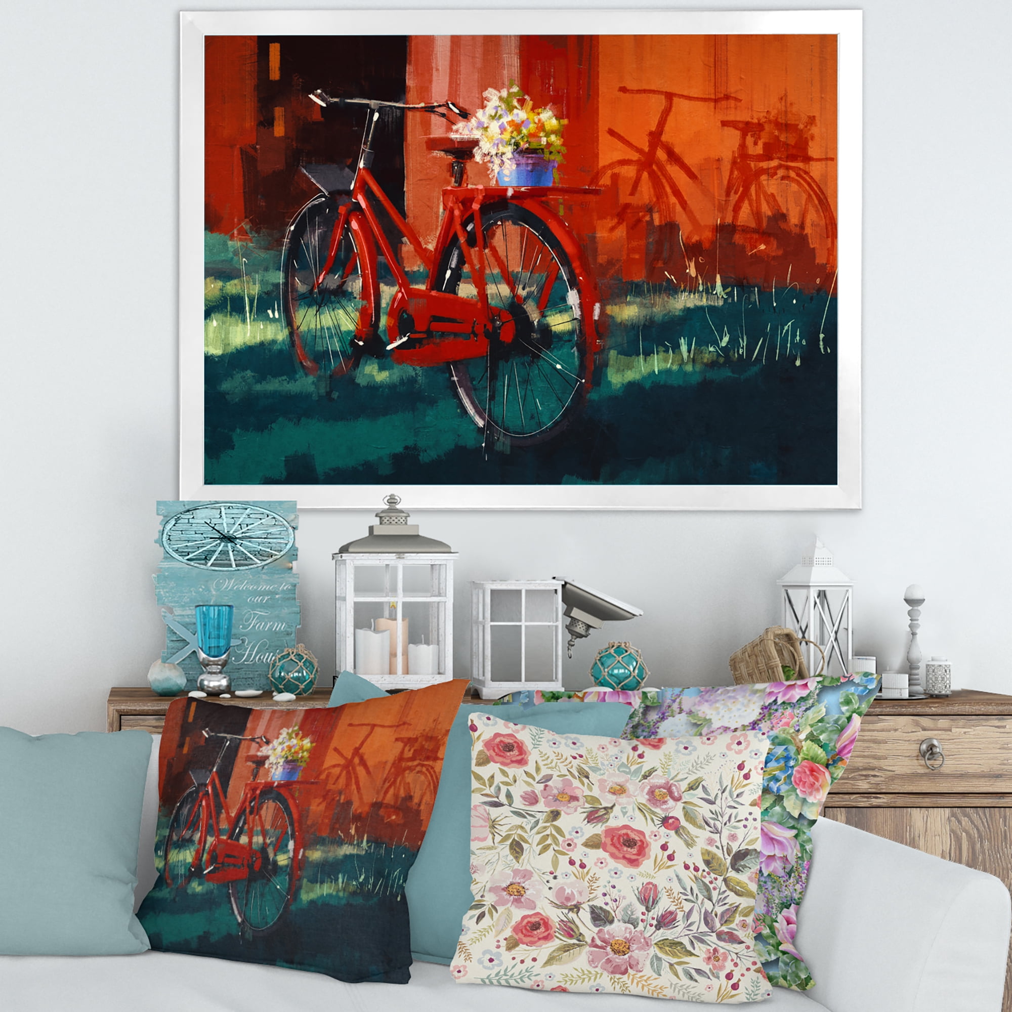 Designart 'Red VIntage Bicycle With Flowers Bucket' Vintage Framed Art Print
