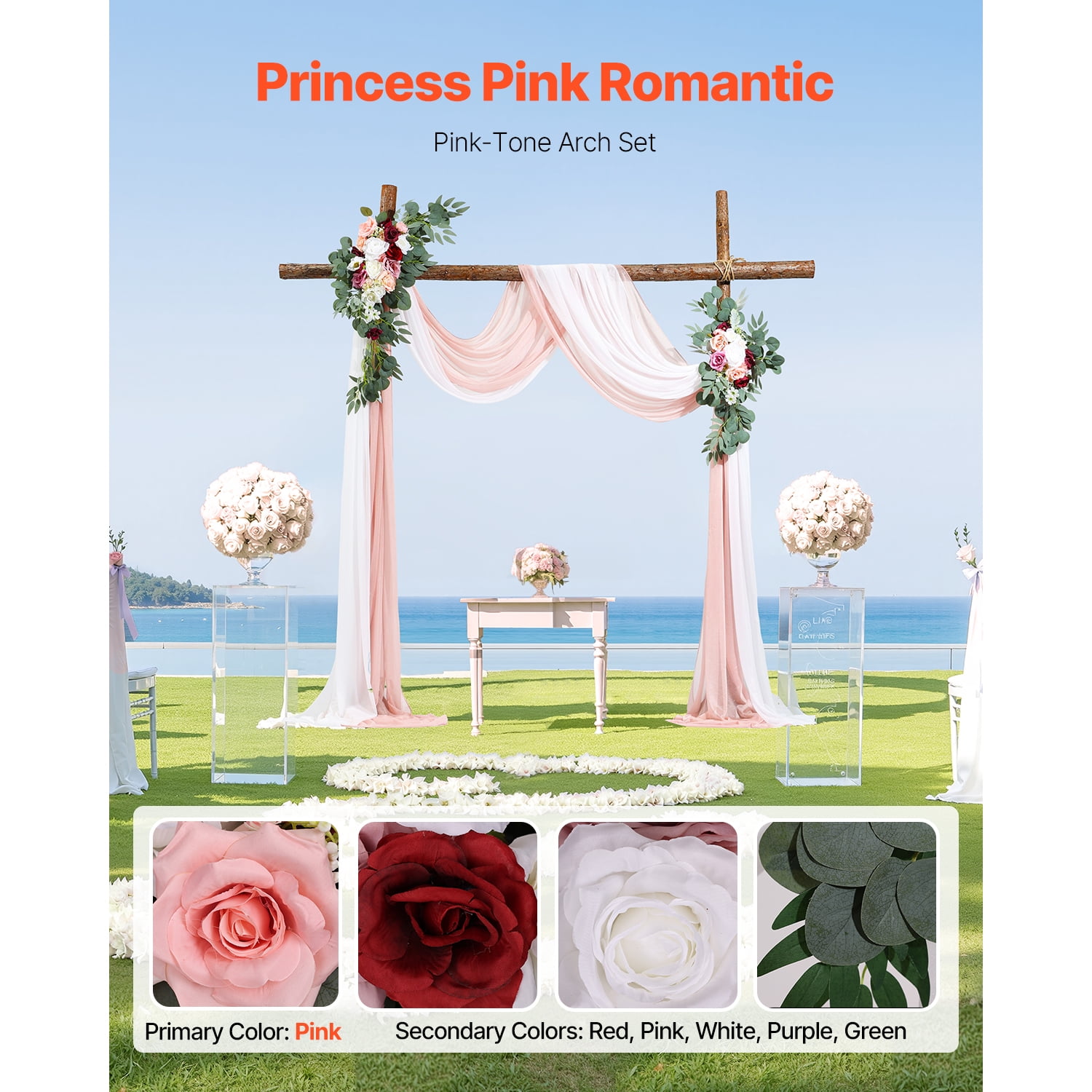 KFFKFF Artificial Wedding Arch Flowers Kit, Pink Floral Decorations with Drapes (Set of 4) - Includes 2 Floral Arrangements and 2 Sheer Drapes for Ceremonies, Bouquets, and Backdrop Decor