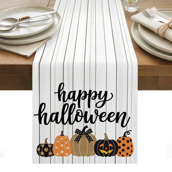Happy Halloween Table Runner - 108 Inch Long, Kitchen Dining Table Runner Dresser Scarves, Dot Pumpkins Holiday Wooden Plank Farmhouse Decor for Coffee Tables Wedding Party Banquet