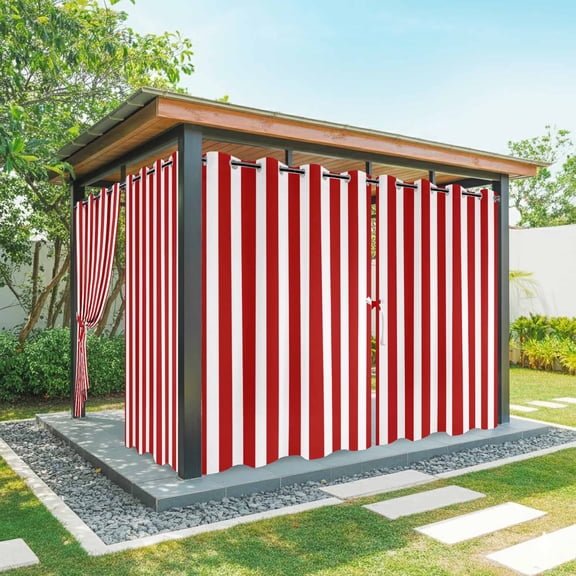 Red and Outdoor Curtains for Patio Waterproof, White Striped Geometric Grommet Curtains for Porch Outside Privacy Drape for Gazebo Garden Pergola, 2 Panels, 54x108in