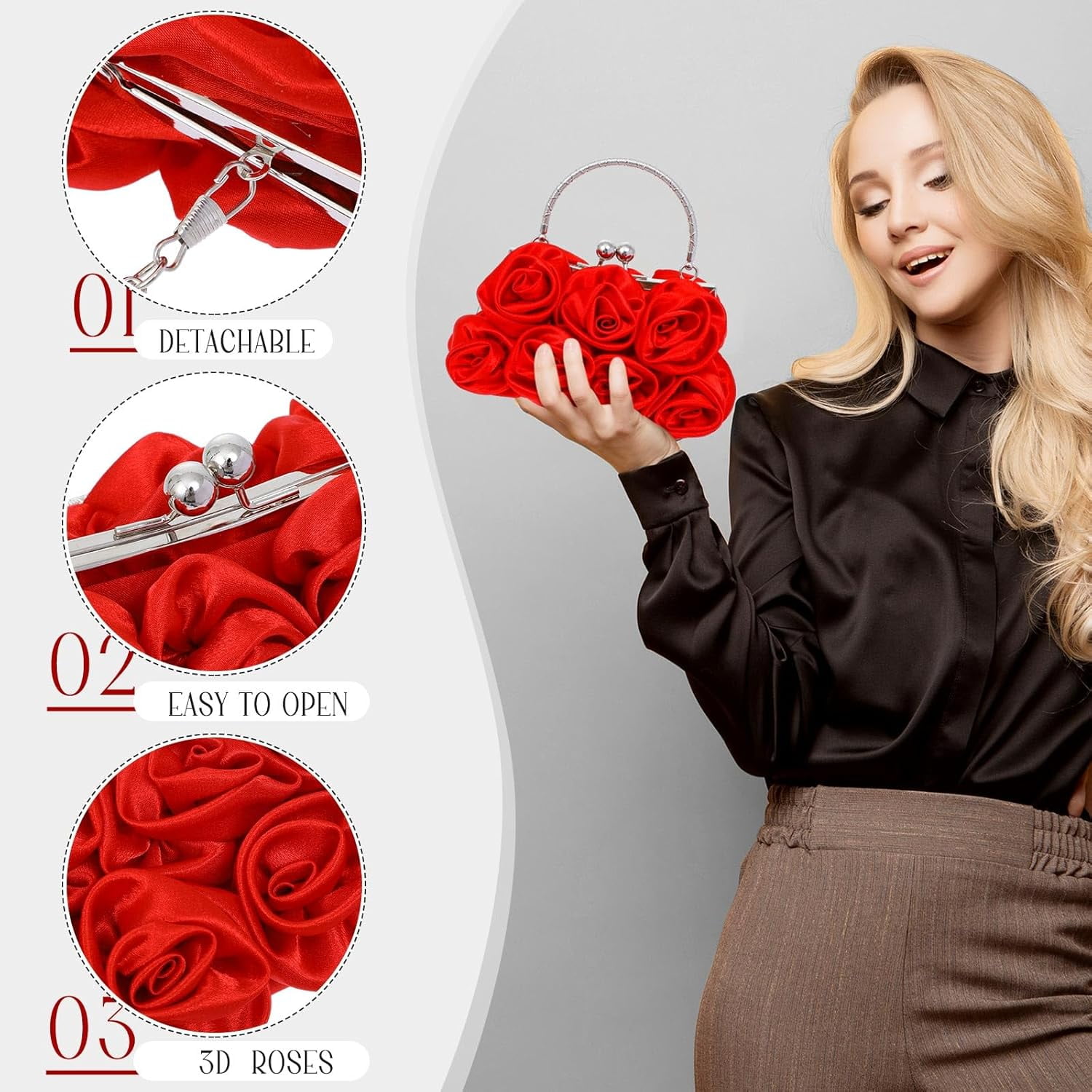 Women Evening Clutch Bag Rose Flower Floral Satin Small Purses with Detachable Strap for Wedding, Party, Prom