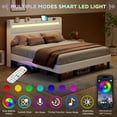 thumbnail image 3 of VanAcc King Size Bed Frame with RGBW LED Light & Charging Station, 50" High Linen Upholstered Platform Bed with 2-Tier Storage Headboard, White, 3 of 7
