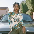 thumbnail image 3 of Xoenoiee Boho Mandala Butterfly Print Women's Tops Dressy Long Sleeve Asymmetrical Slim Fit Going Out Fall Blouse Crew Neck Ruched Shirts Pullover, Size S, 3 of 7