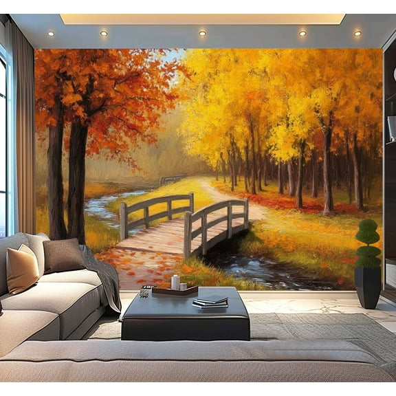 Peel and Stick Wallpaper Oil Painting Autumn Forest River Bright Red Leaves Colorful Bridge Modern Art Wall Mural Decor Self Adhesive and Removable 100in x 144in