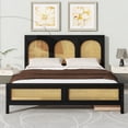 thumbnail image 2 of Solid Wood Rattan Bed Frame with 2 Drawers, Rattan Headboard and Footboard, Platform Bed Frame, Mid Century Bedframe, Wood Foundation(Black, Queen), 2 of 9