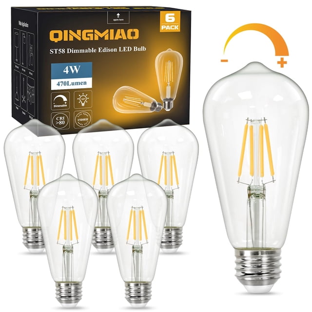 Paquete de 6 bombillas LED Qingmiao Vintage Edison ST58, 4 W, E26, 3000 K