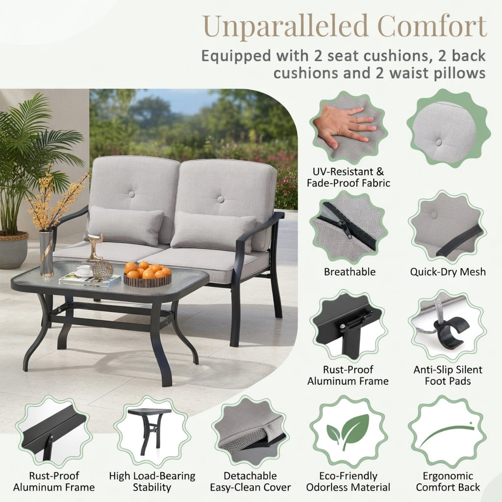 Hommoo Outdoor Loveseat Set with Tempered Glass Coffee Table, Metal Frame, Cushions, Heavy-Duty Patio Seating for Backyard, Poolside & Balcony, Gray