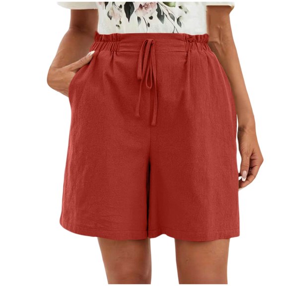 Wide Leg Shorts Denim Women's Wide Leg Shorts Fashion Comfy Drawstring Elastic Waist Loose Shorts Lightweight Faux Linen Shorts with Pockets ,Red,S
