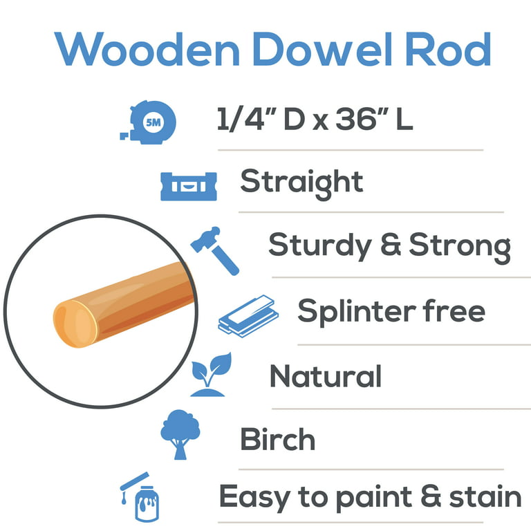 Woodpeckers 1/4 x 36 Wooden Dowel Rods Bag of 100 Unfinished Hardwood  Dowel Sticks. 