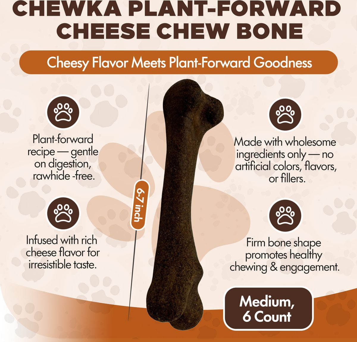 Scoochie Pet Chewka Cheese Flavored Plant-Forward Fully Digestible Dog Chew Bone, Medium, 6CT