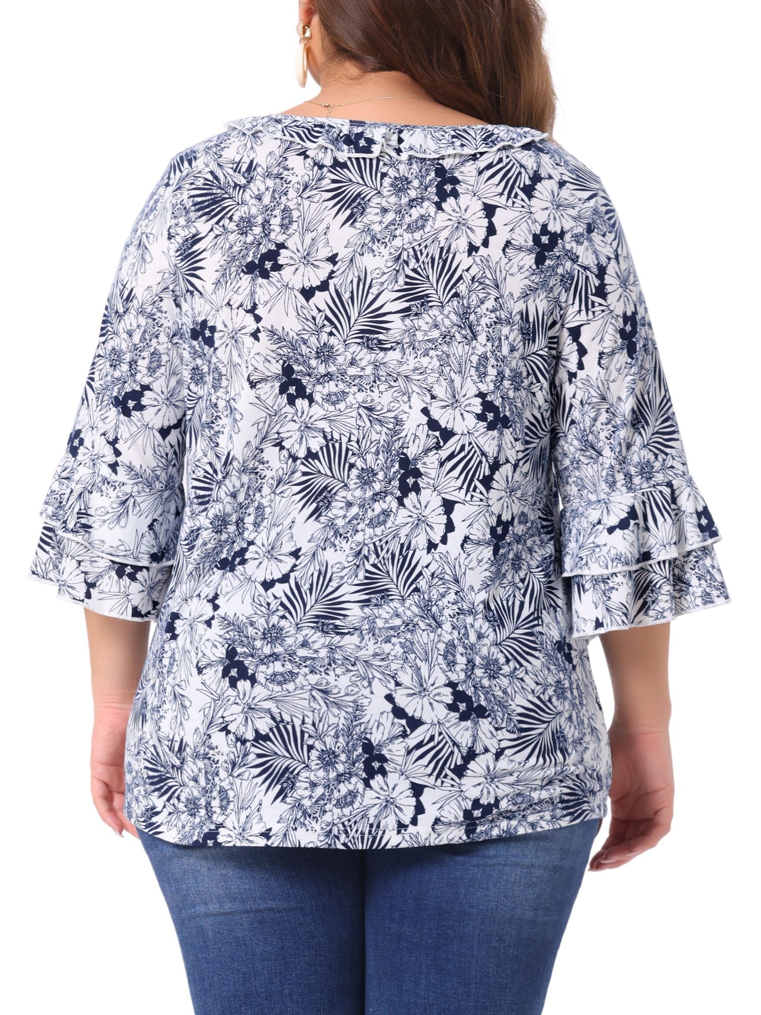DARING DIVA Women's Plus Floral V Neck Tiered Ruffle Bell Sleeve Blouse 3X White Blue