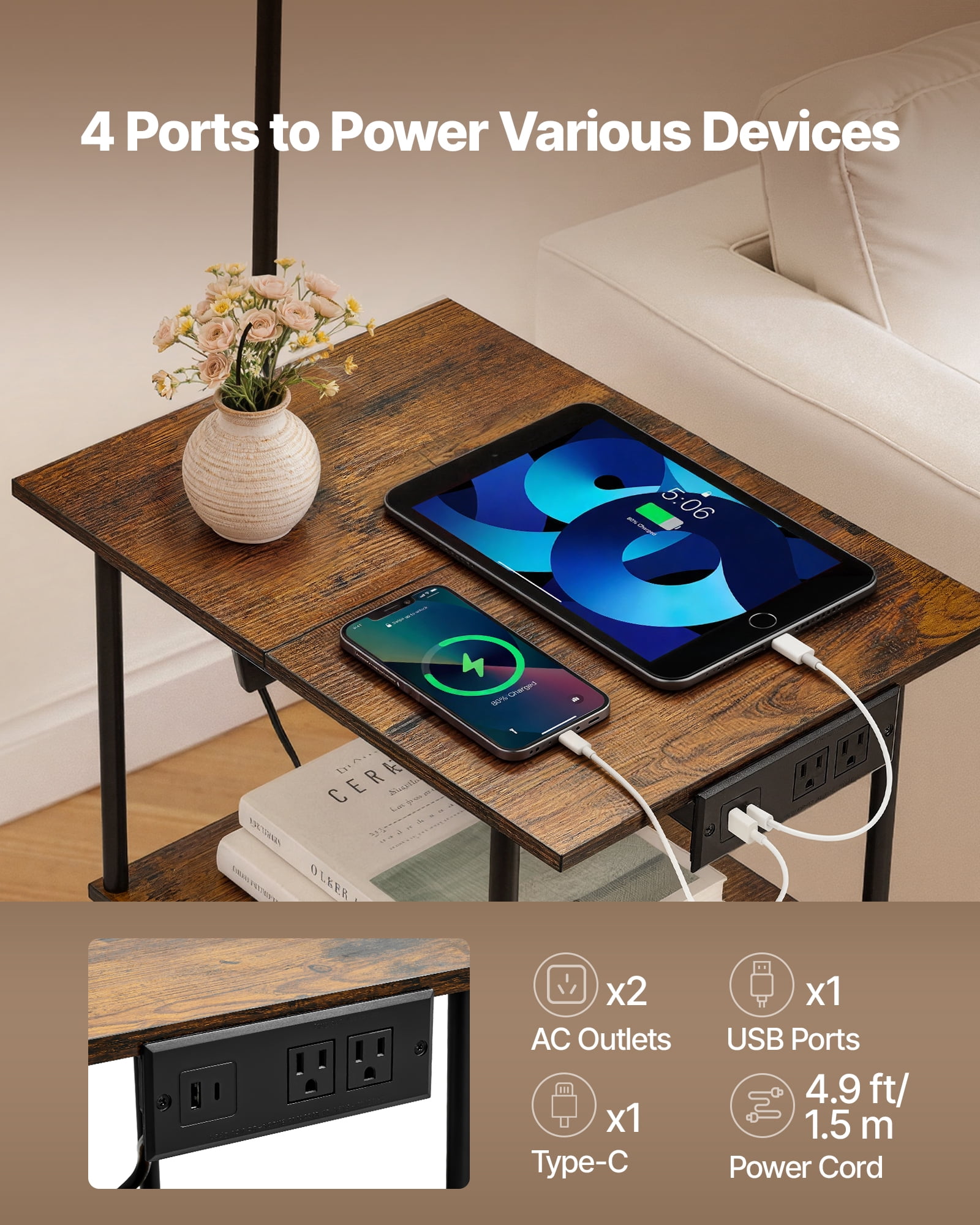 VEVOR Floor Lamp with Table, Narrow 3-Tier End Table with Open Shelves & 3 Color Temperature Lighting, Side Nightstand Bedside Desk with USB & Type C & AC Charging Port for Living Room, Bedroom, Dorm