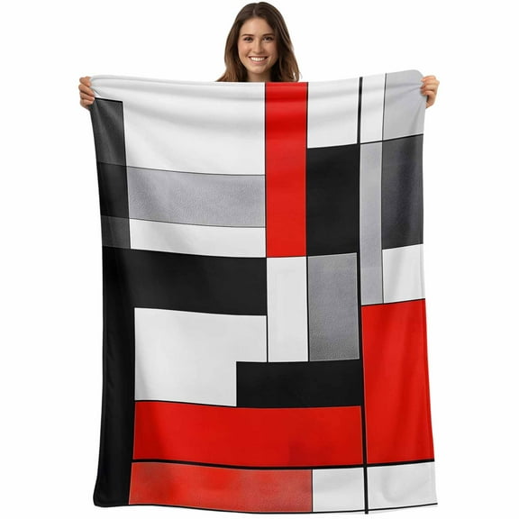 Red Black Squares Throw Blankets, Abstract Geometric Art Soft Fleece Blanket Decorative for Home Sofa Couch Chair Living Bedroom, 50x60 inches,