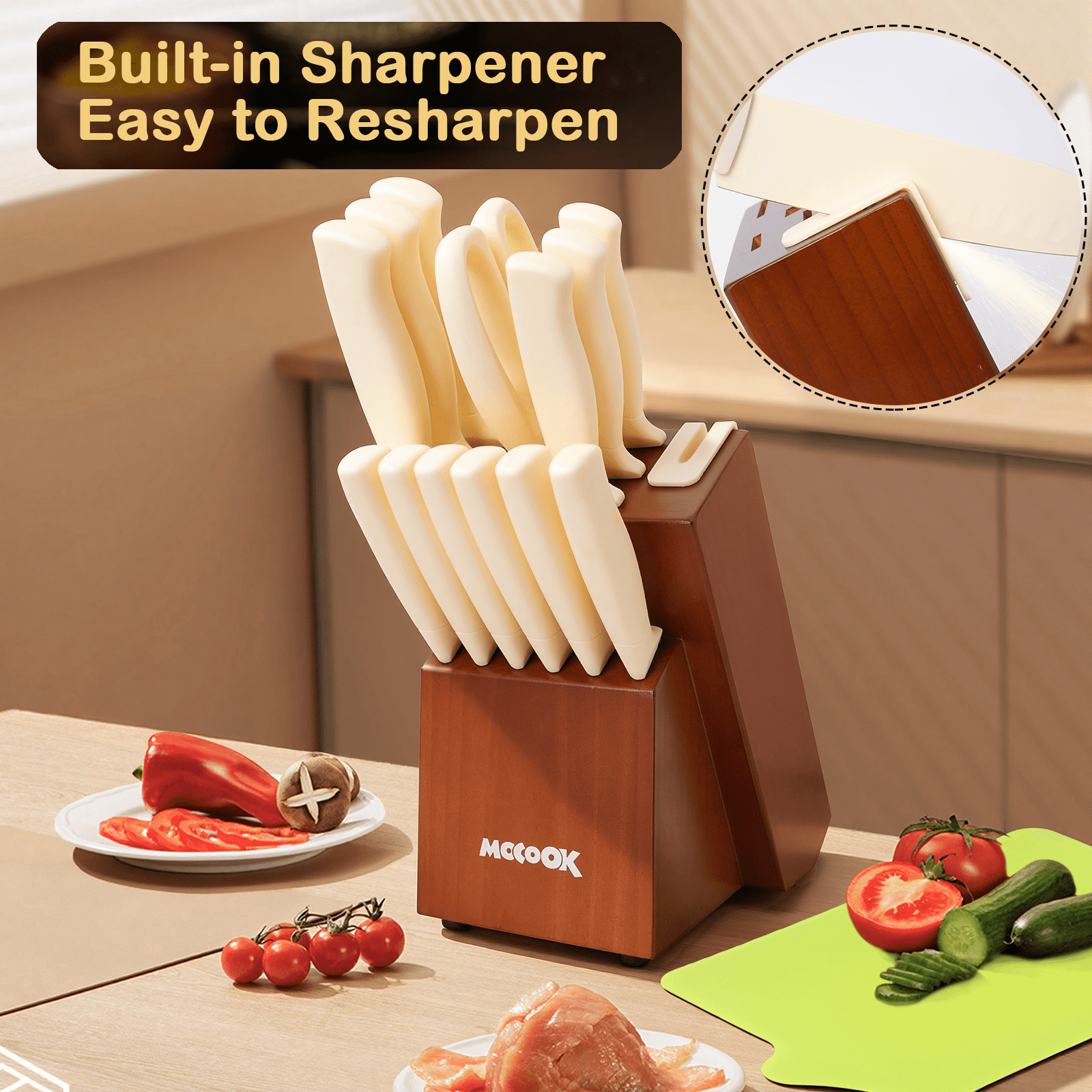 MoCook Kitchen Knife Set, 16 Pcs Knives Block Set with Built-in Sharpener, Healthy Anti-Rust Coating & German Stainless Steel Knife Set, Dishwasher Safe Beige