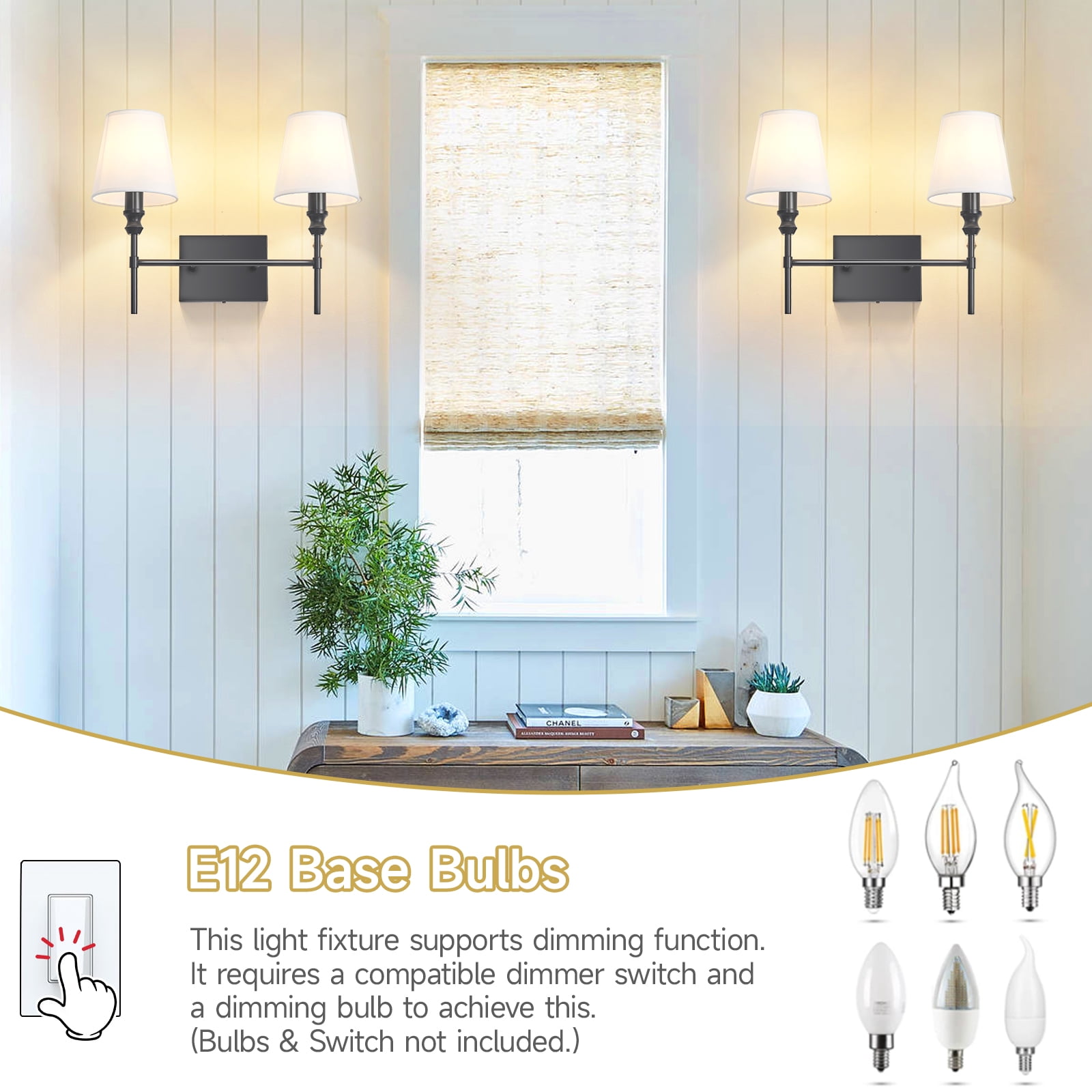 2-Light Vanity Lights for Bathroom,18.5 in Vintage Black Bathroom Vanity Light Fixtures,with Flared White Fabric Lampshade for Bedroom,Living Room,Foyer,Hardwired,E12 Base