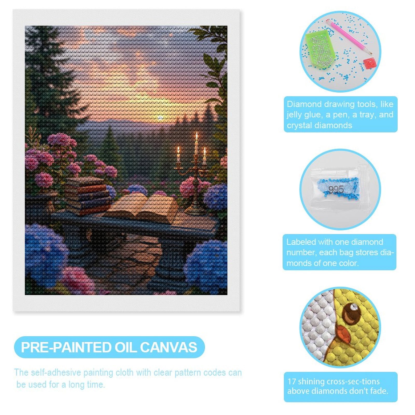 Diamond Art Kits for Adults, Sunset Garden Books Candle Blossoms 5D Diamond Painting Kits for Adults Beginners, DIY Full Drill Diamond Painting, Gem Art and Crafts 12x16