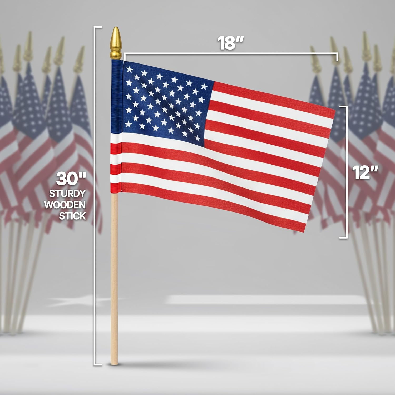 Super Tough American Flag | 1x1.5 FT Outdoor USA Flag | 30" Durable Wooden Stick with Spear Tip & Stars | 12x18 in Heavy Duty Most Durable Cotton US Stick Flag | Made in USA | 12 Pack