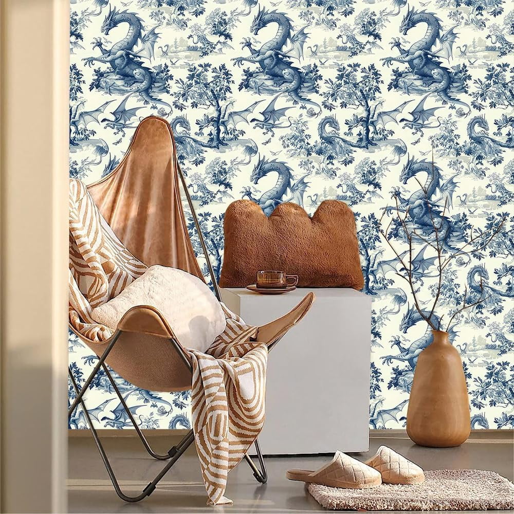 Wild Creature Dragon Light Yellow Blue Tree Peel and Stick Wallpaper Easy Peel Off Contact Paper Vintage Vinyl Self Adhesive Removable Stick on Wall Paper for Kitchen Cabinet Renter Friendly