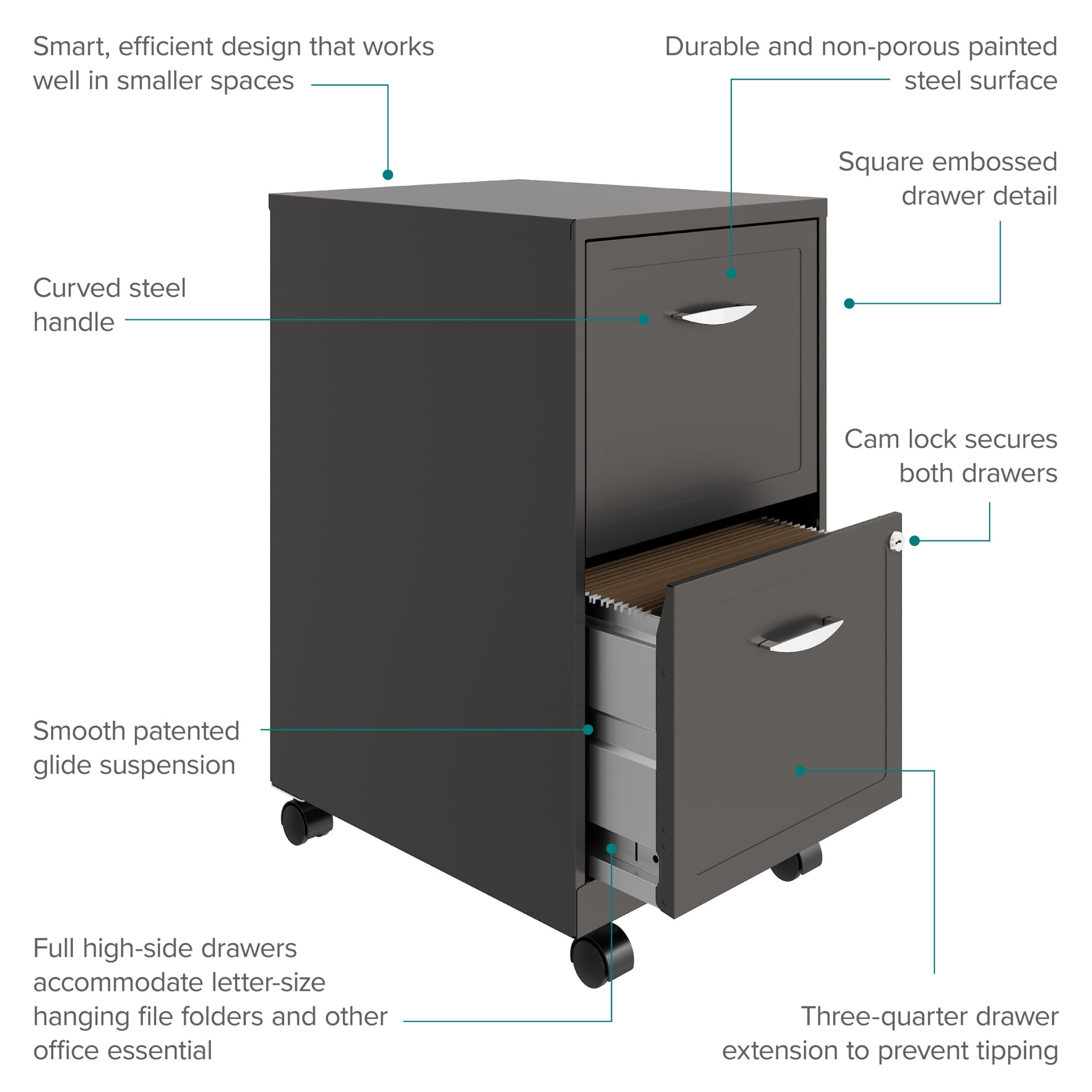 Space Solutions 18" Deep 2 Drawer Mobile Letter Width Vertical File Cabinet, Charcoal